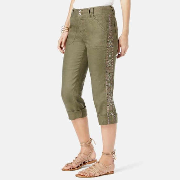 INC International Concepts 100% Linen Olive Green Boho Casual Pants Size 8 - Picture 1 of 13